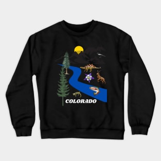 COLORADO SUN MOUNTAINS BLUE SPRUCE STREAMS AND COLUMBINE, BIGHORN SHEEP, LARK BUNTING, STEGOSAURS, WESTERN TIGER SALAMANDER, AND GREENBACK CUTTHROAT TROUT Crewneck Sweatshirt